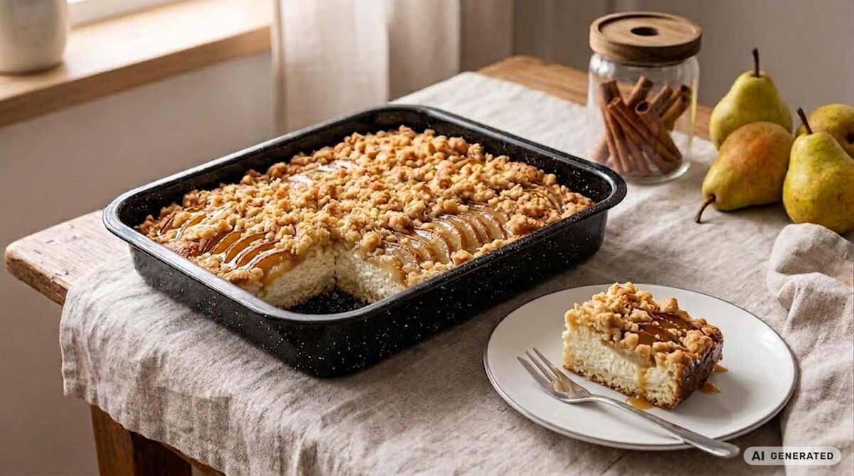 HRUŠKOVÝ KOLÁČ NA PLECH S TVAROHOM A POSÝPKOU: OBĽÚBENÝ JESENNÝ RECEPT