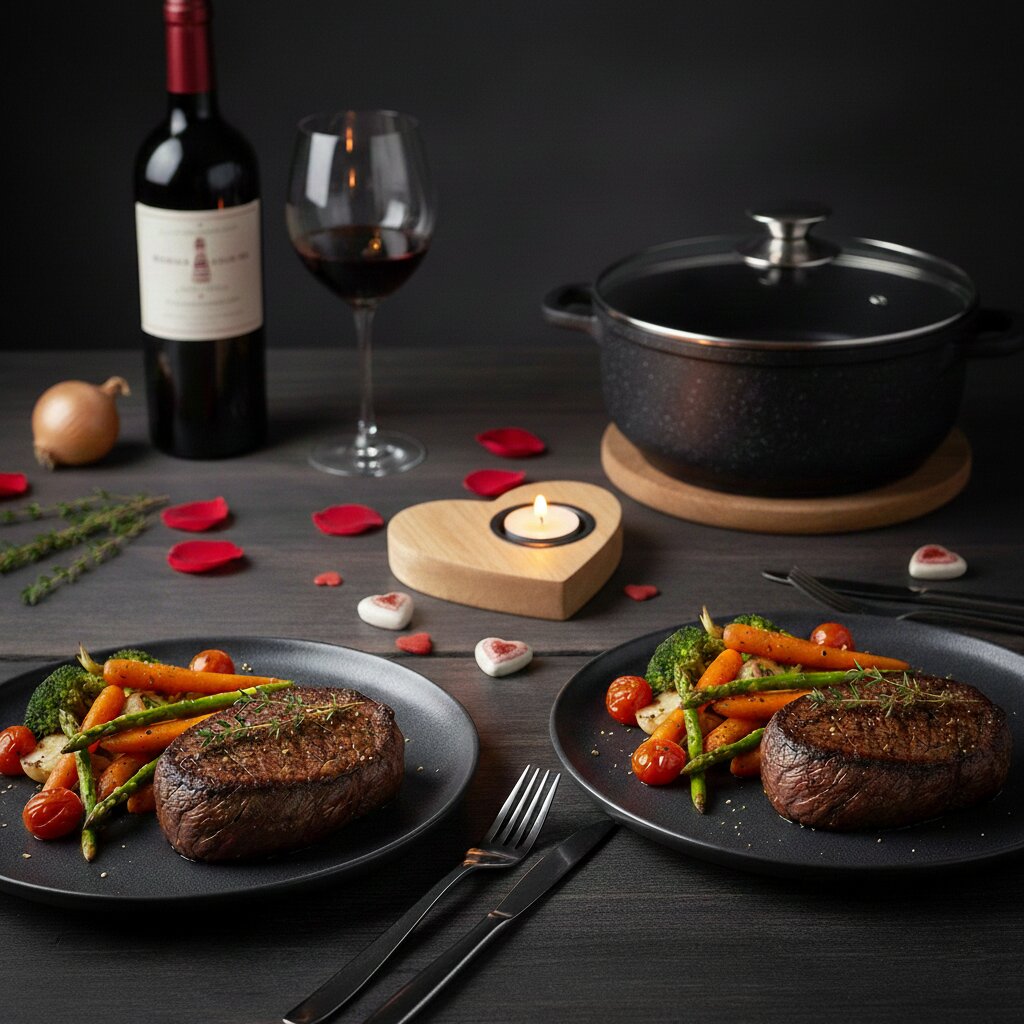 Dve porcie hovädzieho bifteku so zeleninou na valentínsky prestretom stole