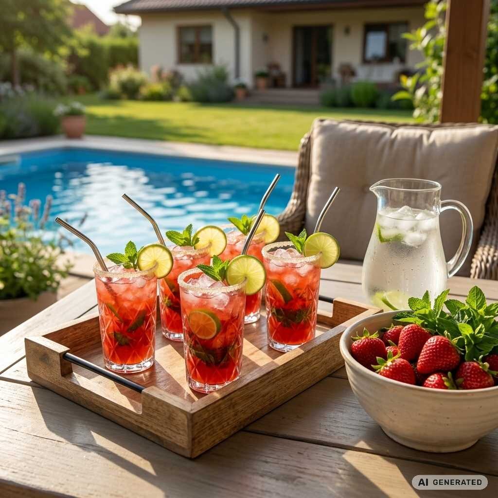 drevená tácka s pohármi s jahodovým mojitom