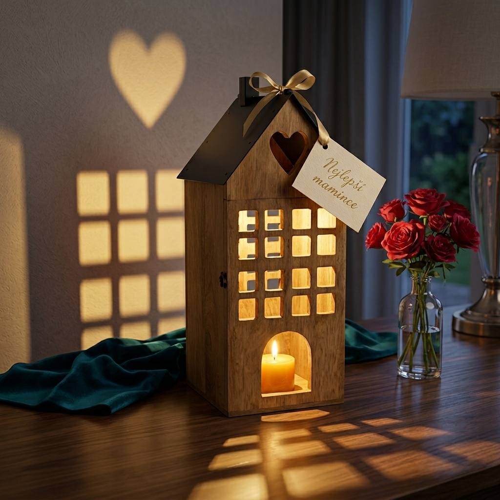 drevený lampáš v tvare domčeka
