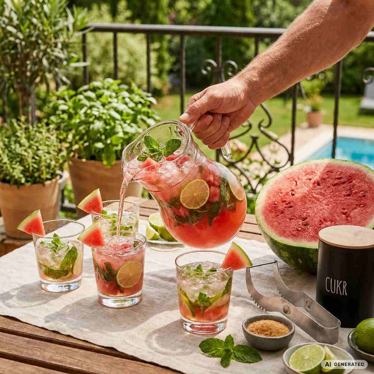 poháre melónového mojito, dóza na cukor a vykrajovač na melón