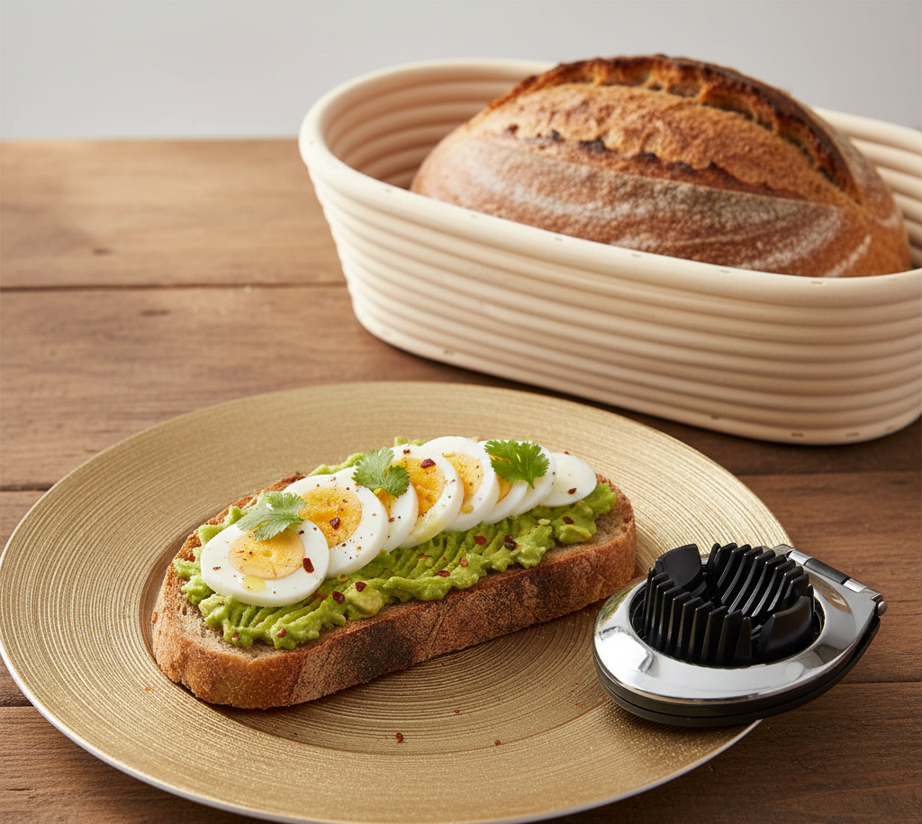 Orion Krájač na vajcia LUXY, domáci chlieb s avokádovou nátierkou a chlieb v ošatke