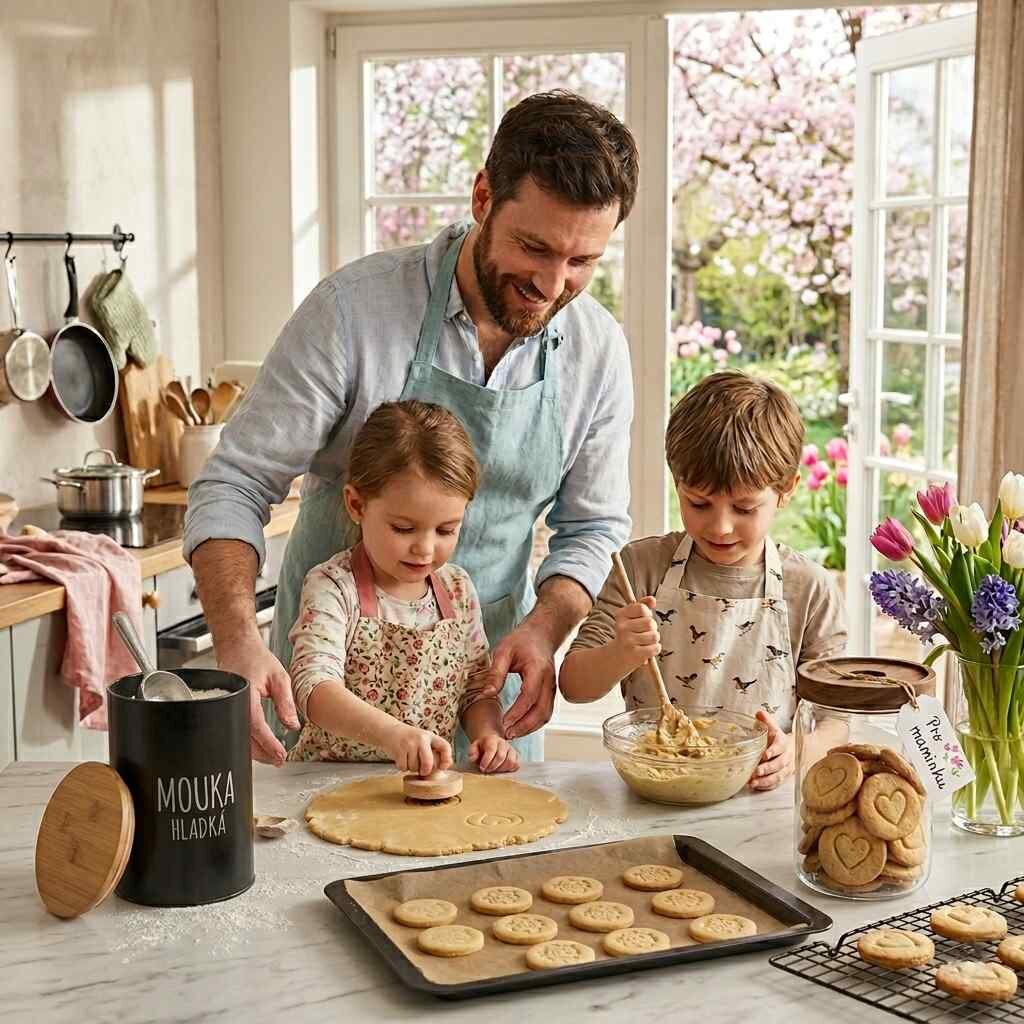otec s dvoma deťmi pečú sušienky