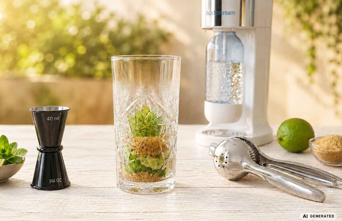 poháre na mojito, odlievka, lis na citrusy a výrobník sódy