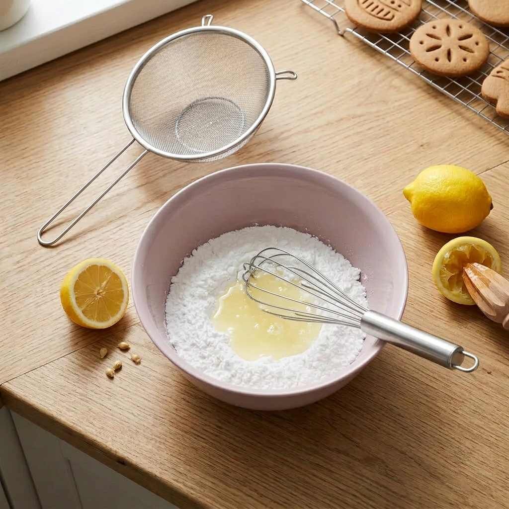 Misa s práškovým cukrom a citrónovou šťavou, cedník a citróny v pozadí