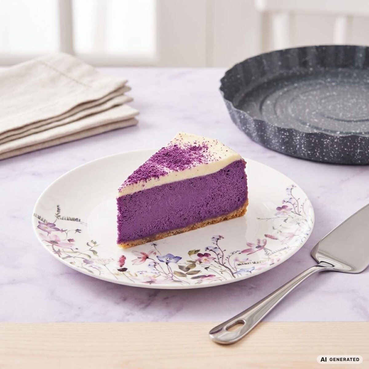 ube cheesecake na dezertnom taníčku s kvetmi z kolekcie Lúka