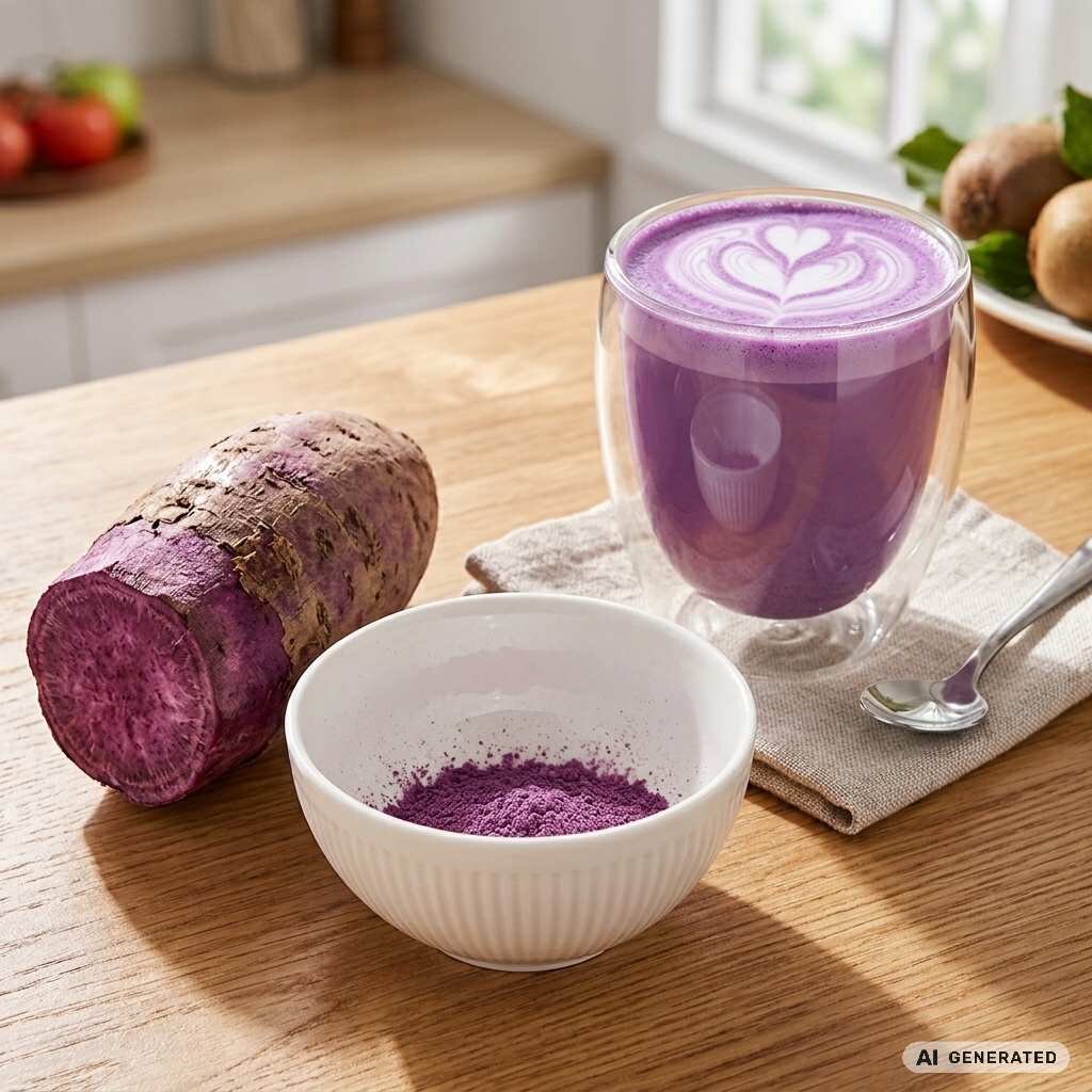 ube prášok, yam a ube latte