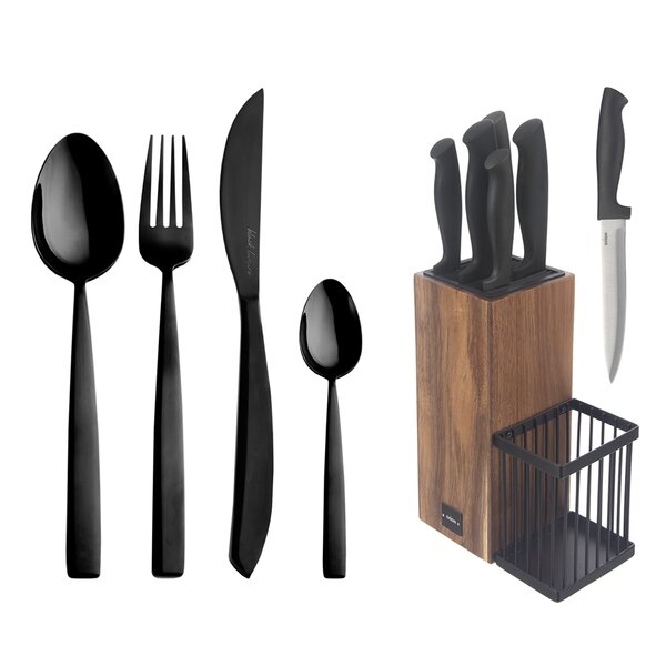 Príbory BLACK Luxure 24 ks + darček Stojan na nože +5 ks nožov